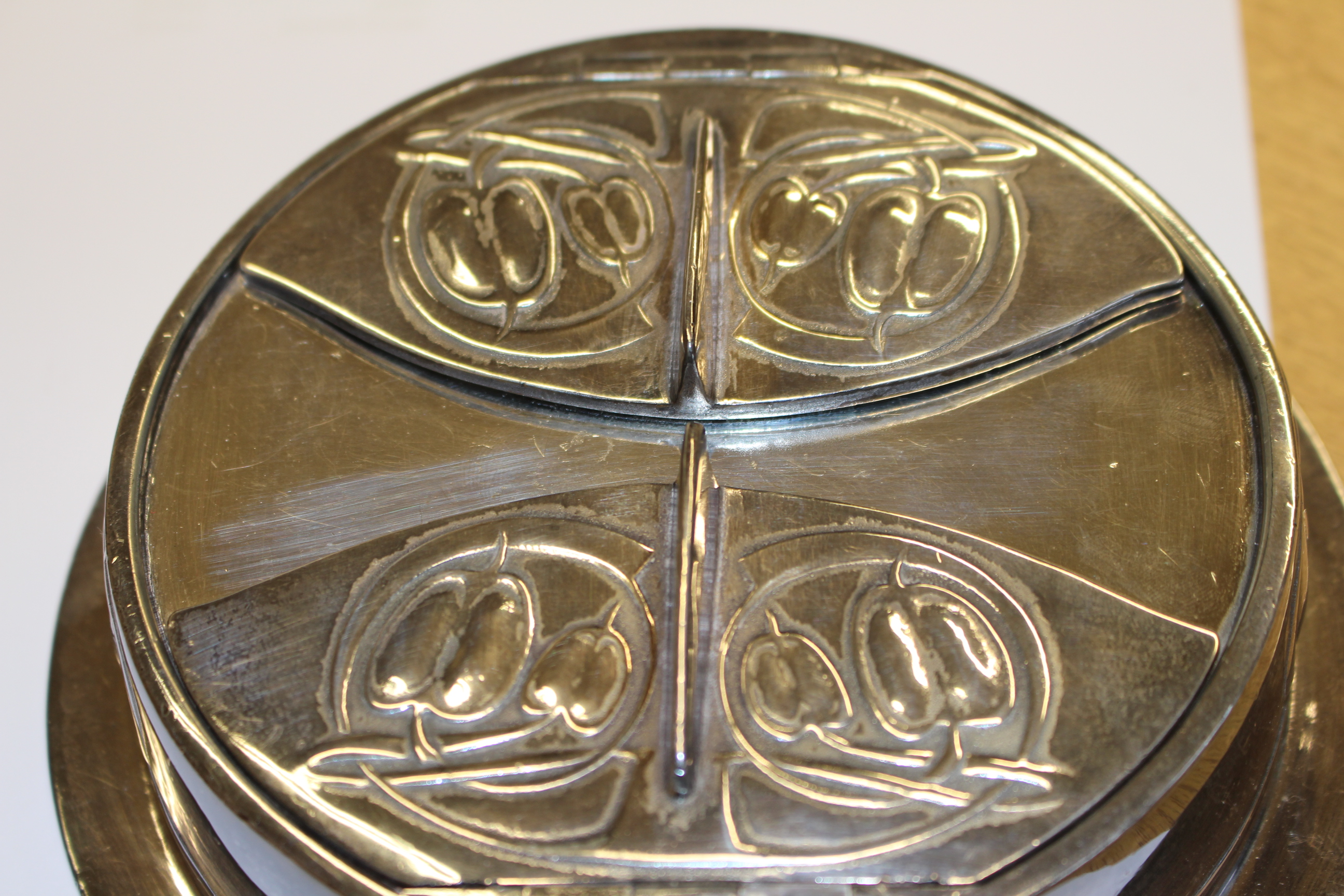 A RARE LIBERTY & CO TUDRIC PEWTER DOUBLE INKWELL, DESIGNED BY ARCHIBALD KNOX, circular, - Image 7 of 7