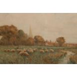 THOMAS AMBROSE, SHEEP AND DROVER IN A RIVER PASTURE WITH CHURCH SPIRE BEYOND, watercolour, signed.