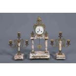 A FRENCH 19TH CENTURY MARBLE AND GILT METAL CLOCK GARNITURE,