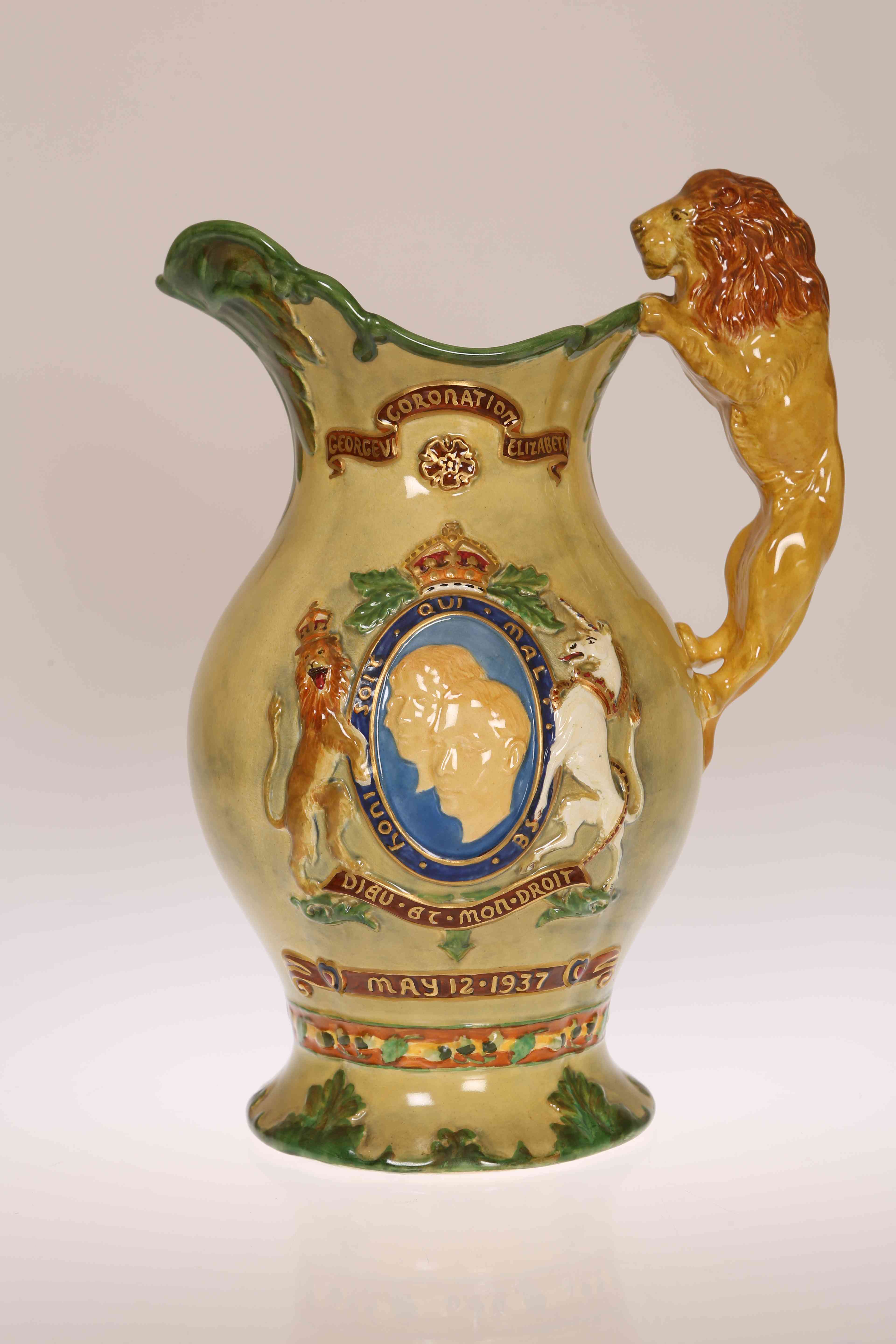 A LARGE CROWN DEVON MUSICAL JUG COMMEMORATING THE CORONATION OF GEORGE VI, 1937, no.