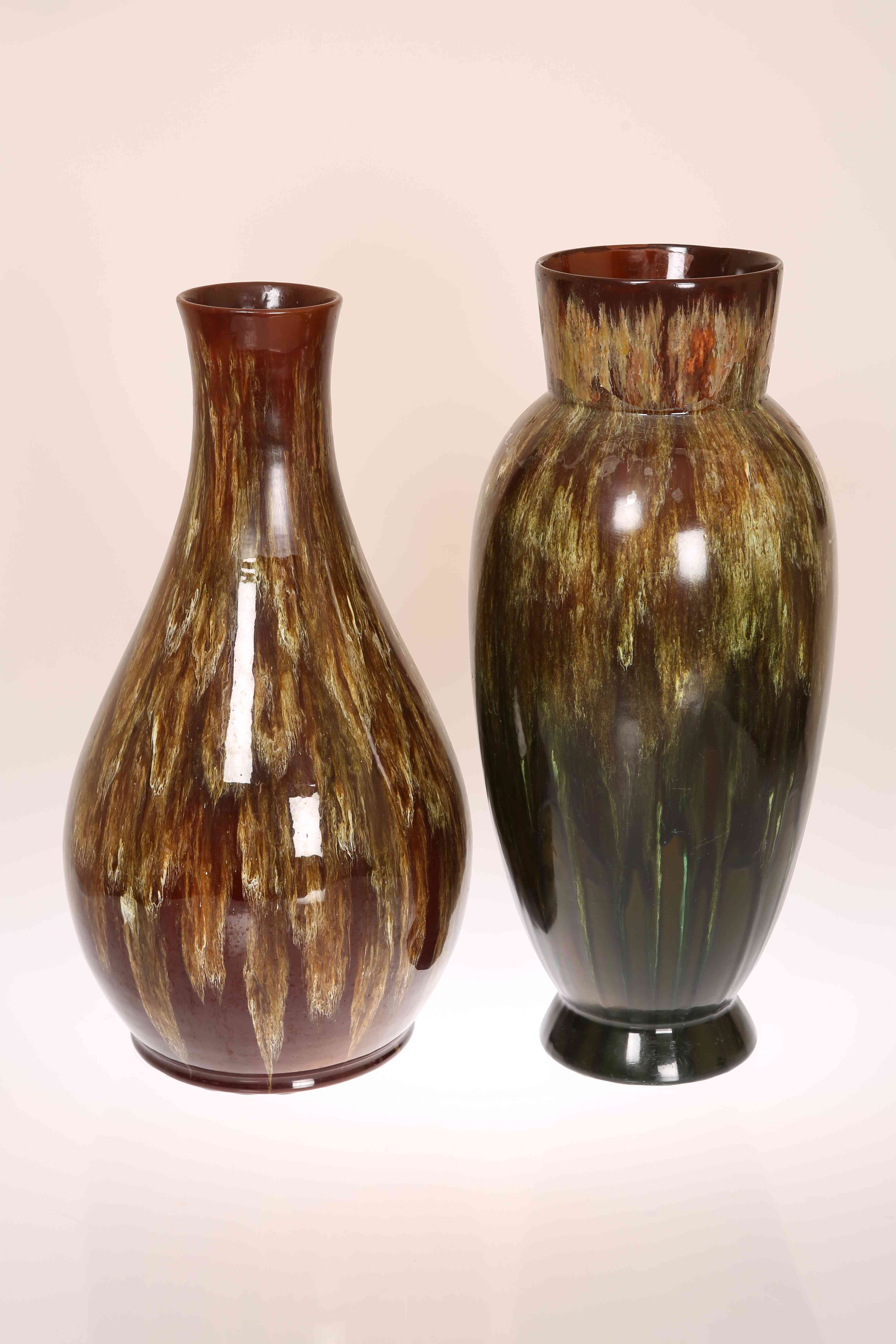 LINTHORPE POTTERY, NOS. 168 AND 181 TWO LARGE VASES, each with streaky green and brown glaze, no.