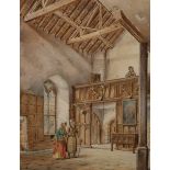 W*** BRAITHWAITE, HADDON HALL, DERBYSHIRE, with figures in the interior, signed, watercolour.