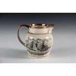 SMALL WAR OF 1812 TRANSFER PITCHER - Creamware and Pink Lustre Pitcher with scenes of two naval