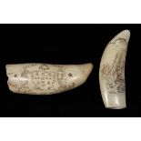 (2) SCRIMSHAWN WHALES TEETH - "Free Trade, King's Ship, South Boston/To Weston Howland with