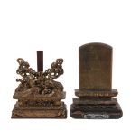 (2) CHINESE ALTAR STANDS - 19th c. Hand Carved Wood, lacquered and gilt, both with stones trapped in