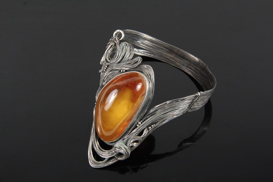 SILVER & AMBER BRACELET - Handcrafted Free-form Sterling Silver and Amber Bracelet by Polish jewelry