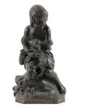 FRENCH BRONZE SCULPTURE - Tabletop Figure of a Seated Breton Shepherdess Comforting a Lamb, on