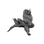 BRONZE SCULPTURE - Tabletop Figure of a Young Horned Owl on Driftwood, unsigned, roughly 8 3/4" x 12