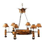 EARLY FRENCH TOLEWARE CHANDELIER - Circa 1840s Six-Stem Tin Chandelier with chain hanger, in