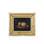 19TH C FOLK ART PAINTING - Still Life of Two Apples on a Plate, signed lr 'John Stock, '61', in