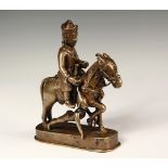 RARE TIBETAN BRONZE FIGURE - 17th c. Mongolian Warrior on Horseback, dragging captive by hair,