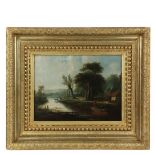 18TH C DUTCH LANDSCAPE - Riverside Cottage with Two Men in a Boat, oil on canvas, unsigned, in