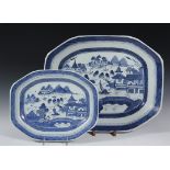 (2) CHINESE PORCELAIN PLATTERS - 19th c. Canton Export Octagonal Platters with blue willow