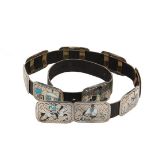 NATIVE AMERICAN SILVER CONCHO BELT - Navajo Inlaid Sterling Silver by Benson Boyd, circa 1960-70, on