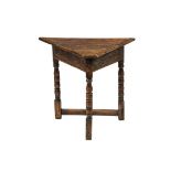 CRICKET TABLE - Typical English Three-Sided Cricket Table in oak, mid 19th c, having a triangular
