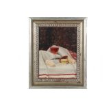 UNKNOWN ARTIST - Still Life of Petit Fours with Glass of Red Wine on a Red & White Tablecloth, oil