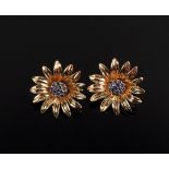 EARRINGS - Pair of Vintage 14K Rose Gold and Blue Sapphire Daisy Form Ear Clips; 1" diam, 7.7 dwt