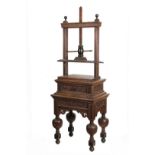 ENGLISH BOOK PRESS - 19th c Jacobean Style English Oak Book Press with separate lower cabinet, the