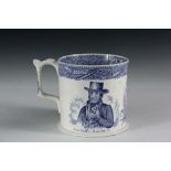 RARE STAFFORDSHIRE BRITISH POLITICAL MUG - Blue & White Transfer "Corn Laws" Cider Mug, with