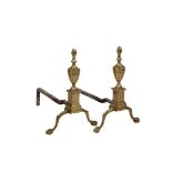 PAIR OF ANDIRONS - 18th c. Brass Andirons, Urn Top Chippendale with square plinth, spurred legs