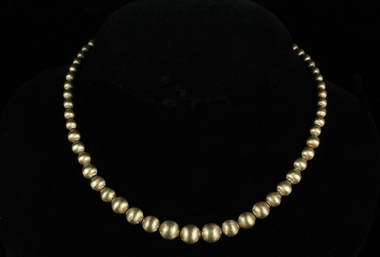 NECKLACE - 18K Yellow Gold Vintage Strand of Graduated Beads with Florentine Finish. 29.9 dwt; 17"