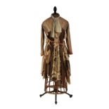 EARLY DRESS FORM WITH DRESS - Mid-19th c. Wooden Cage Dress Form on Iron Base with wheels, having