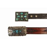 BELT BUCKLES - Lot of (2) Native American Crafted Sterling Silver and Turquoise Belt Buckles with