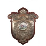 ENGLISH TROPHY PLAQUE - Silver Plate Repoussed Copper Shield for the "Football Shield League", circa