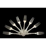 FORKS - Set of (8) George IV Period Sterling Silver Shell Pattern Luncheon or Dessert Forks,