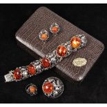 JEWELRY SUITE - (4) piece Vintage Handmade Sterling and Amber set includes a bracelet, round brooch,
