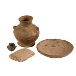 (3 PCS) ANCIENT POTTERY - Including: Tiny Ungetarum with three hanging lugs and flared rim, 1 1/4"