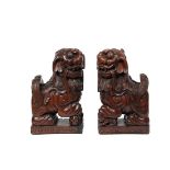 PAIR OF JAPANESE WOOD CARVINGS - Guardian Lion Dogs or 'Koma-Inu' in zelkova wood, early Meiji