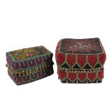 (2) SUMATRAN BEADED WEDDING BASKETS - Fully Beaded Covered Boxes with a split rattan base, cowrie