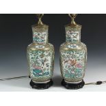 PAIR OF CHINESE PORCELAIN VASES AS LAMPS - 19th c. Famille Rose Baluster Vases decorated with