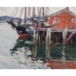 MABEL MAY WOODWARD (RI/ME, 1877-1945) - Man Loading Three Mast Schooner at Pier, Maine, oil on