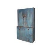 BLUE PAINTED STEPBACK CUPBOARD - 19th c. New England, primitive pine, with robin's egg blue casein