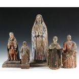 (5) SPANISH COLONIAL SANTOS - 19th c. Figures of Female Saints, or the Madonna, with tags indicating