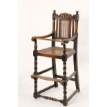 ENGLISH OAK YOUTH HIGH CHAIR - Jacobean Style, 19th c, with mushroom finials, carved rail, caned