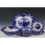 (17 PCS) FLOW BLUE CHINA - All Scinde Pattern, circa 1840, including: Oblong Octagonal Platter