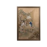 CHINESE SCROLL PAINTING - Early Watercolor on Paper of a Scholar in a Garden, being attended by