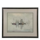 (MRS.) A.B. KIRKPATRICK (MA/ME, 19th-20th c.) - Small Fishing Fleet Becalmed, watercolor on paper,