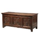 JACOBEAN CASKET - Oak Lift-Top Chest, unusually long, having the original two-plank top with