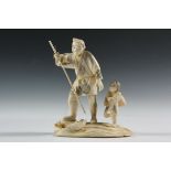 19TH C JAPANESE CARVING - Meiji Period Cabinet Figure or Okimono, of a fisherman and his daughter on