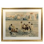 UNIDENTIFIED ARTIST - Boys Bathing at River, a large format watercolor and graphite on paper,