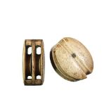 PAIR OF WHALEBONE SHIP PULLEYS - Sailor made two-sheaved whalebone pulley block and fall with pinned