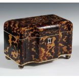 TEA CADDY - Georgian English Tortoiseshell Tea Caddy, with shaped front, domed top, oval silver