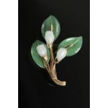 BROOCH - 14K Yellow Gold, Green Jadeite and White Jade Floral Form Brooch, marked Gumps; 2" wide x 2