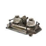 SILVERPLATE FIGURAL INKWELL - Late 19th c French Silvered Brass Double Inkwell featuring a camel