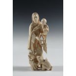 19TH C JAPANESE CARVING - Meiji Period Cabinet Figure or Okimono, of a mother carrying her child,