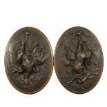 PAIR OF CAST PLAQUES - Oval Hunters Plaques featuring Gamebirds and a Rabbit in high relief,